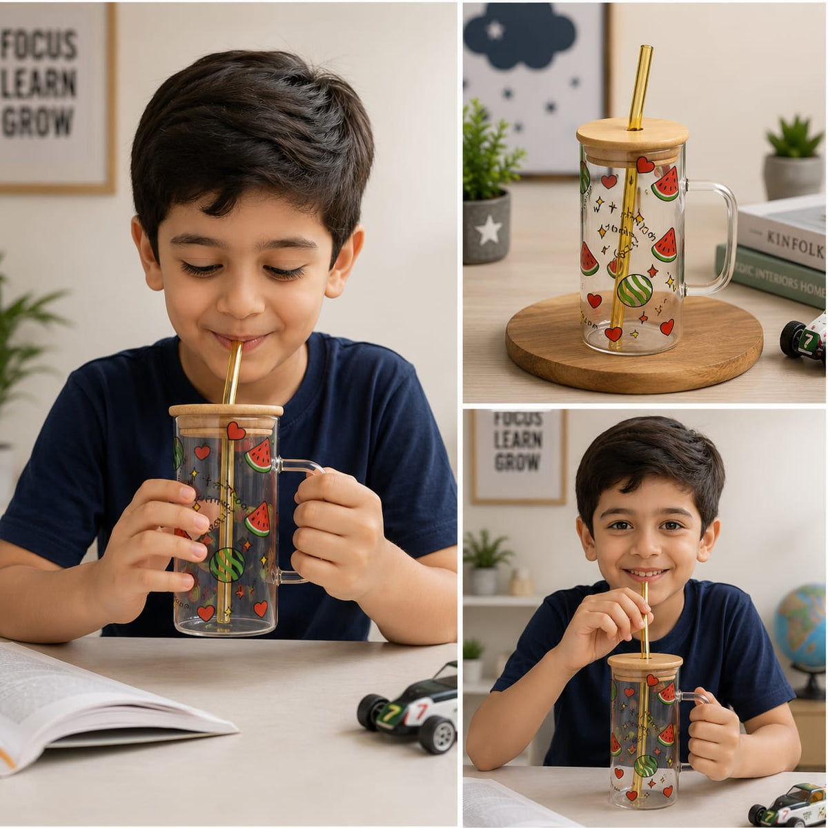 Fruit Design Glass Sipper with Lid &amp; Straw