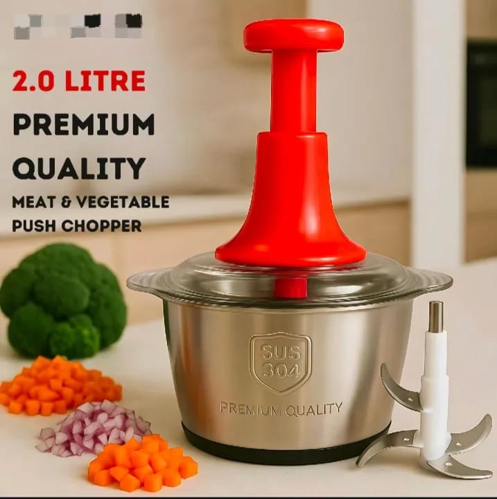 2L Manual Hand-Push Food Chopper with Stainless Steel Blades