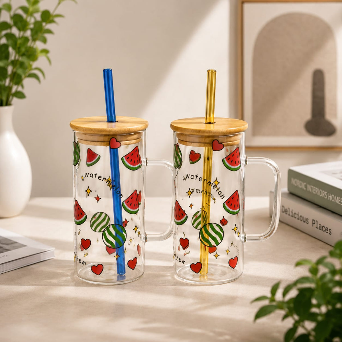 Fruit Design Glass Sipper with Lid &amp; Straw