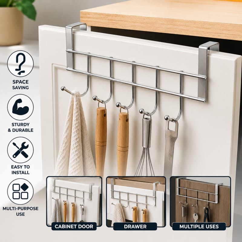 5-Hook Stainless Steel Over-Door Hanger