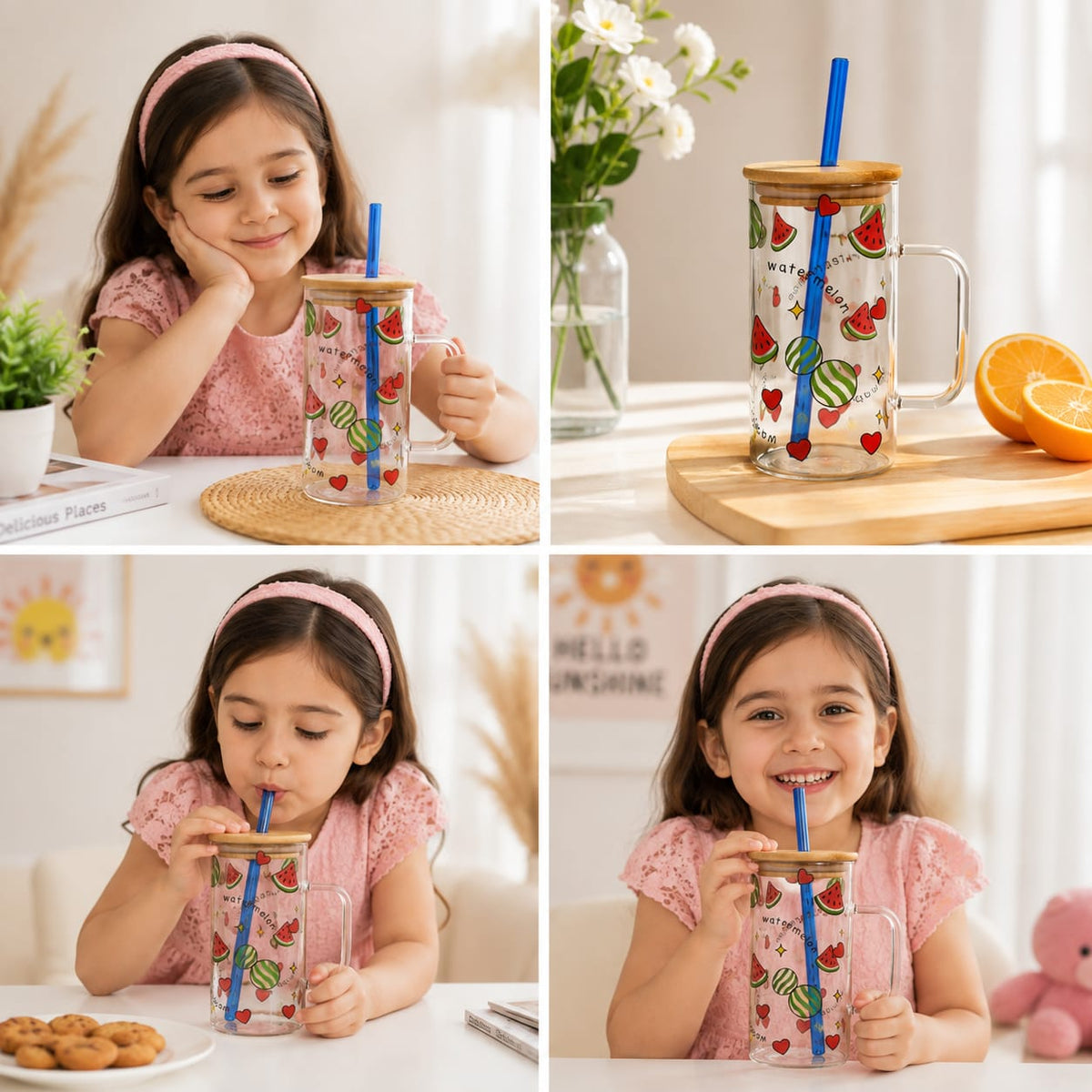 Fruit Design Glass Sipper with Lid &amp; Straw