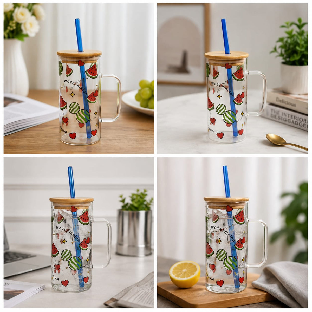 Fruit Design Glass Sipper with Lid &amp; Straw