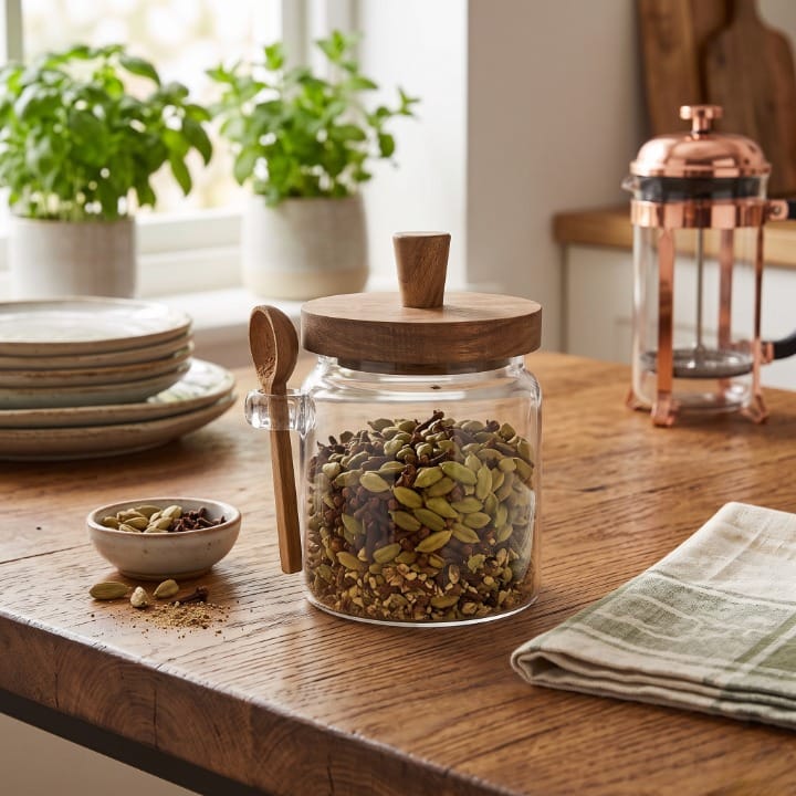 500 ML Borosilicate Glass Sugar Pot with Wooden Lid  Spoon