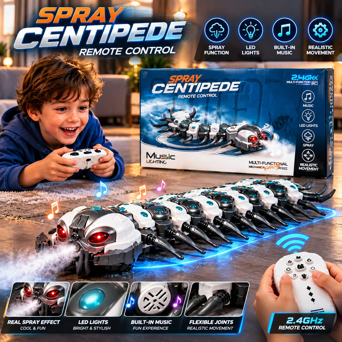 RC Spray Centipede Toy with LED Lights & Music